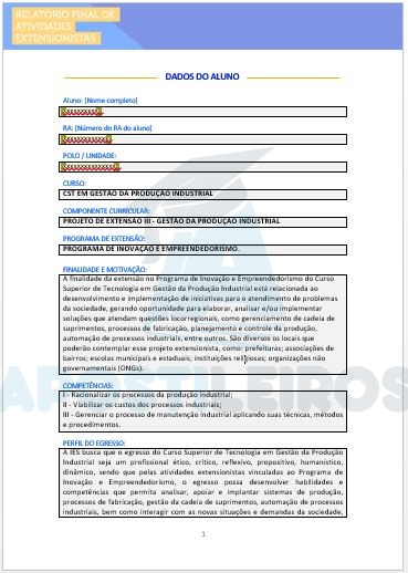PROJETO DE EXTENSÃO III - GESTÃO DA PRODUÇÃO INDUSTRIAL