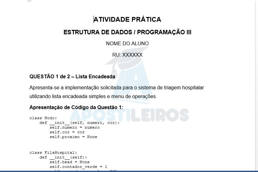 ATIVIDADE PRÁTICA ESTRUTURA DE DADOS / PROGRAMAÇÃO III