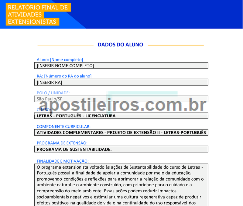 Atividades Complementares - Projeto de Extensão II - Letras-português