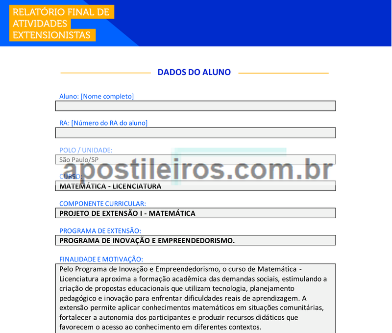 Projeto de Extensão I - Matemática